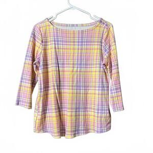 Charter Club Women's Plaid 3/4 Sleeve Cotton Shirt Medium